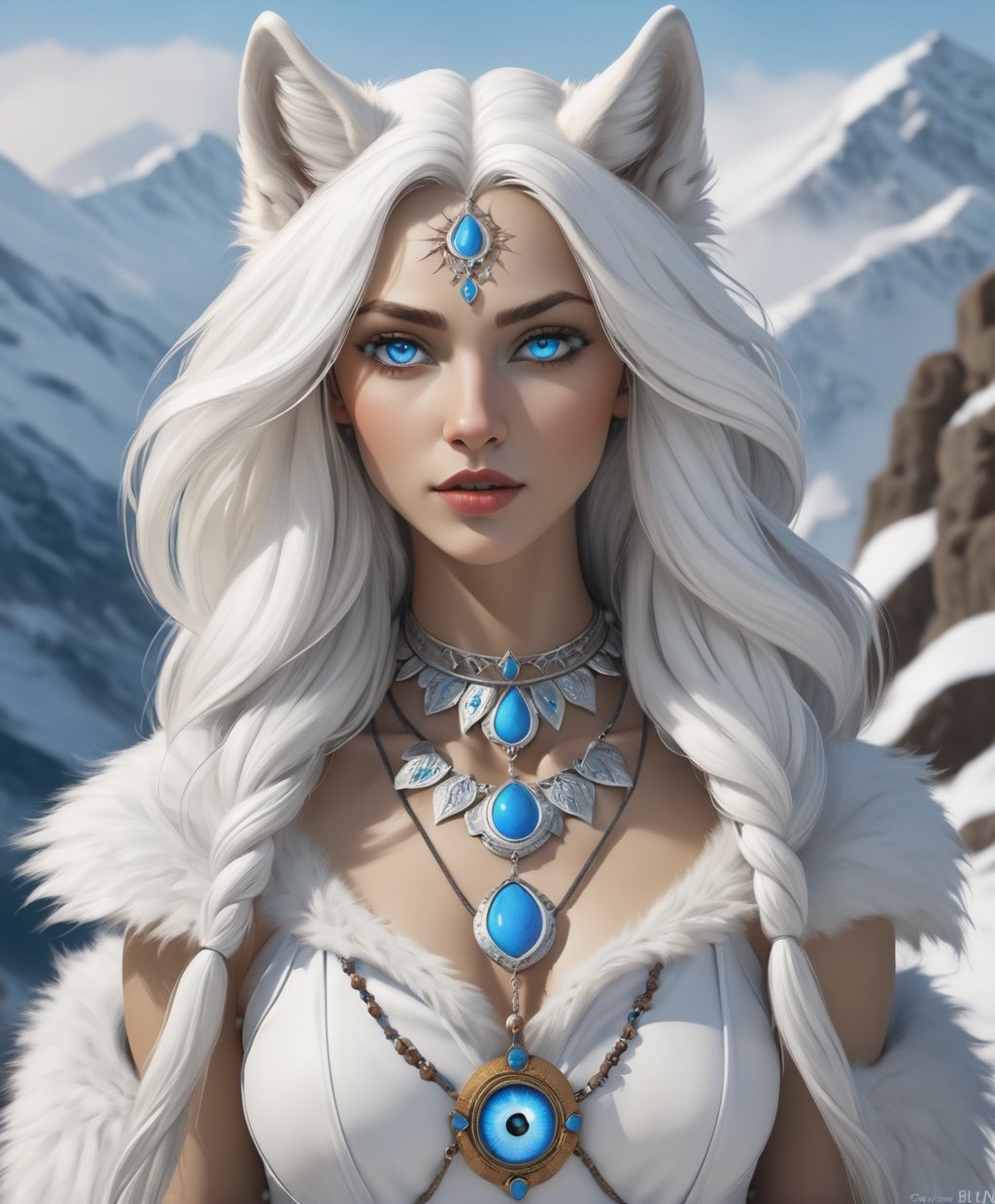 main charachter is white wolf woman,this half woman half wolf,like a surrealist painting line and fiction,like a salvadore Dali painting line,ultra realistic,fantastic and mythological charachter,8k,high quality,hee clothes white fur,wolf’s accessories are devil eye and shamanic necklace,she has got deep and realistic blue eyes,she has got a white and long hair,back ground is white and grey coloring mountain and white smoke