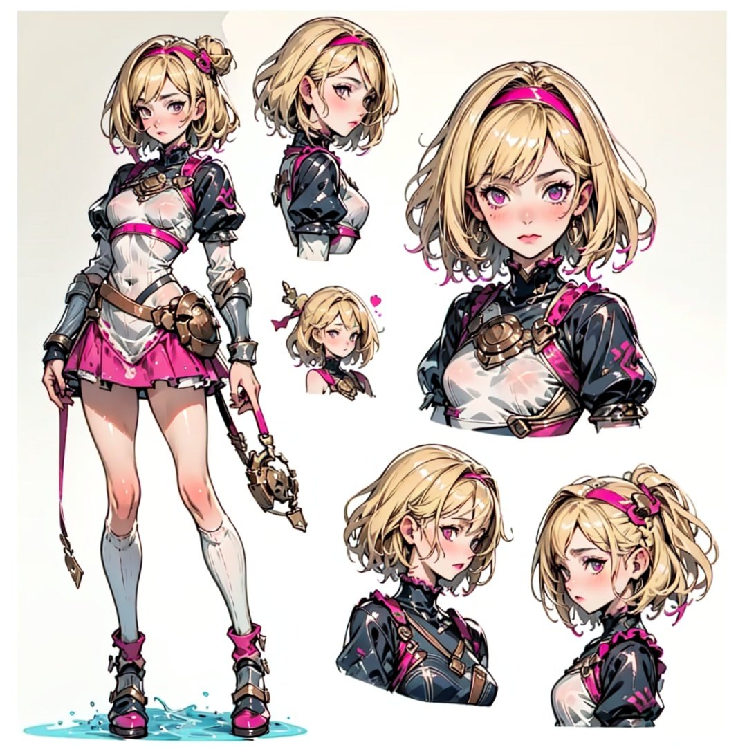 (CharacterSheet:1) (multiple views, full body, upper body, reference sheet:1), high_resolution, 1girl, blonde, pink hairband, medium breasts, warrior, medium shot, edgBB