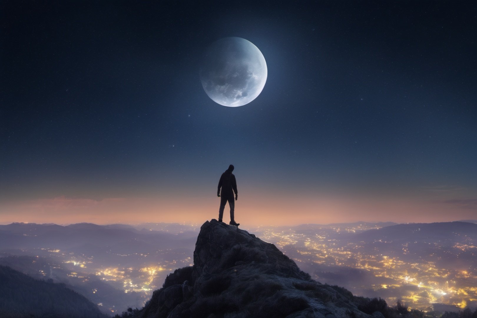 photo from hill, 1man standing, beautiful sky, realstic, star, highres, high detail, night, moon, mansterpiece, best quality, 