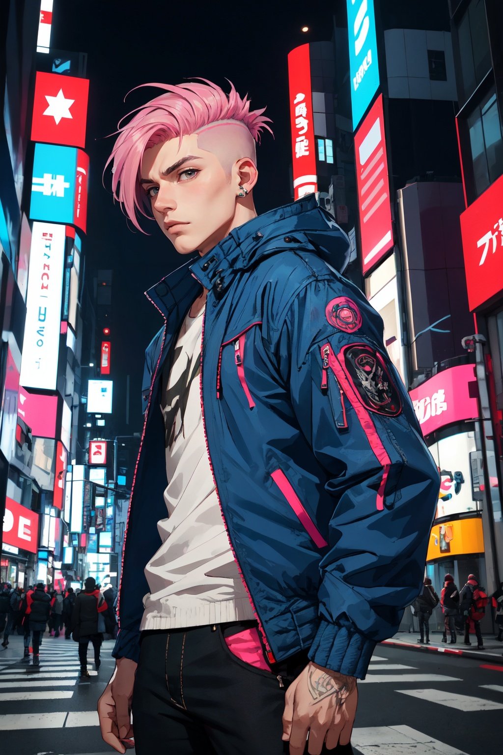 Masterpiece, Best Quality, 1boy, pink hair, (blue jacket), undercut, manly, cyberpunk style, middle of the street, Shibuya, scenery, cowboy shot, from below, ooking at viewer, intricately detailed.