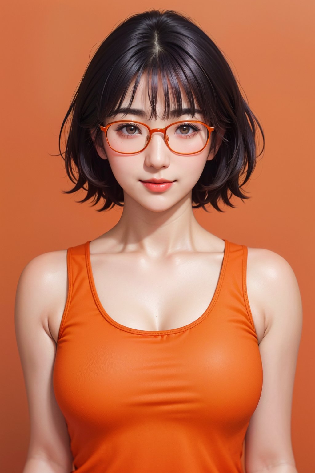 20 years old cute japanese woman, bob hair, (round thick glasses), upper body, light smile, red lips, (orange tank top:1.2), orange background, (oily skin:1.2)