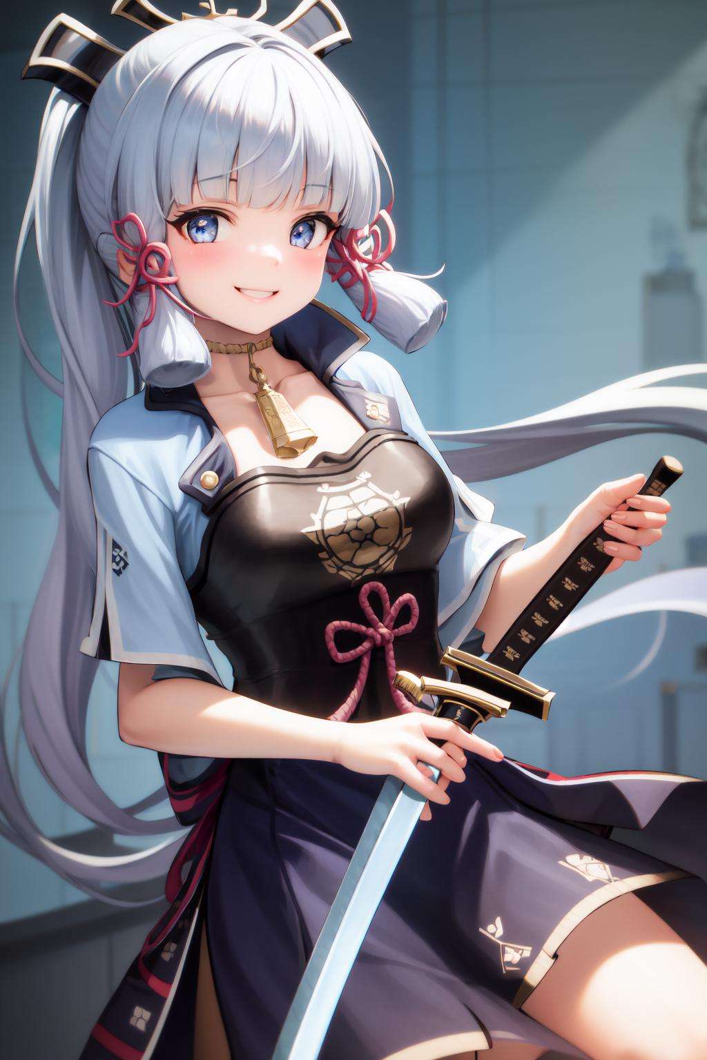 masterpiece, highres, best quality, 1girl solo, kamisato_ayaka, smiling, holding sword <lora:kamisato_ayaka:1.0>
