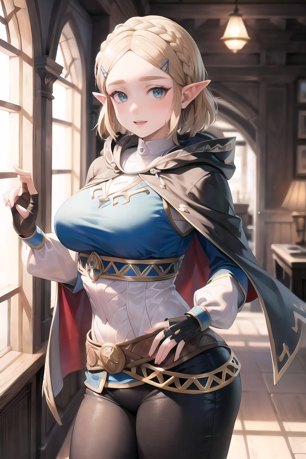 princess_zelda_aiwaifu,aiwaifu,pointy ears,braid,hair ornament,hairclip,gloves,fingerless gloves,blue shirt,shirt,long sleeves,crown braid,bangs,pants,black gloves,green eyes,parted bangs,black pants,short hair,long hair,cape,sidelocks,hood,thick eyebrows,jewelry,hooded cape,belt,tight pants,tight,large breasts,puffy sleeves,masterpiece,best quality,ultra detailed, 8k, cinematic light,highly detailed, scenery,pose,solo,looking at viewer,