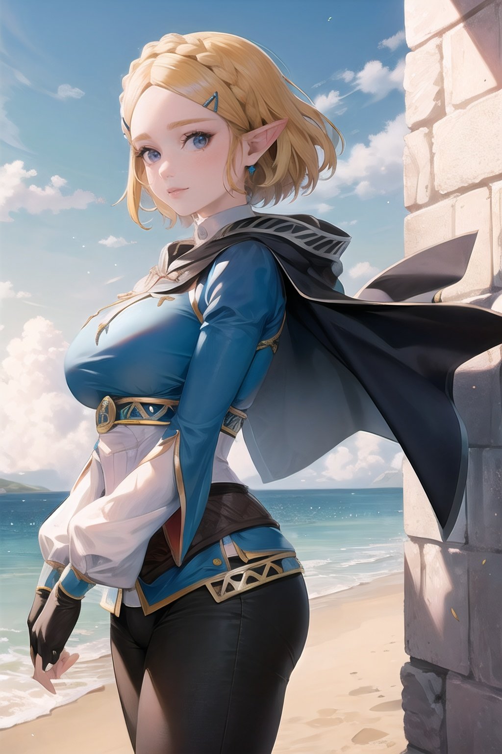 princess_zelda_aiwaifu,aiwaifu,pointy ears,braid,hair ornament,hairclip,gloves,fingerless gloves,blue shirt,shirt,long sleeves,crown braid,bangs,pants,black gloves,green eyes,parted bangs,black pants,short hair,long hair,cape,sidelocks,hood,thick eyebrows,jewelry,hooded cape,belt,tight pants,tight,large breasts,puffy sleeves,masterpiece,best quality,ultra detailed, 8k, cinematic light,highly detailed, scenery,pose,solo,looking at viewer,