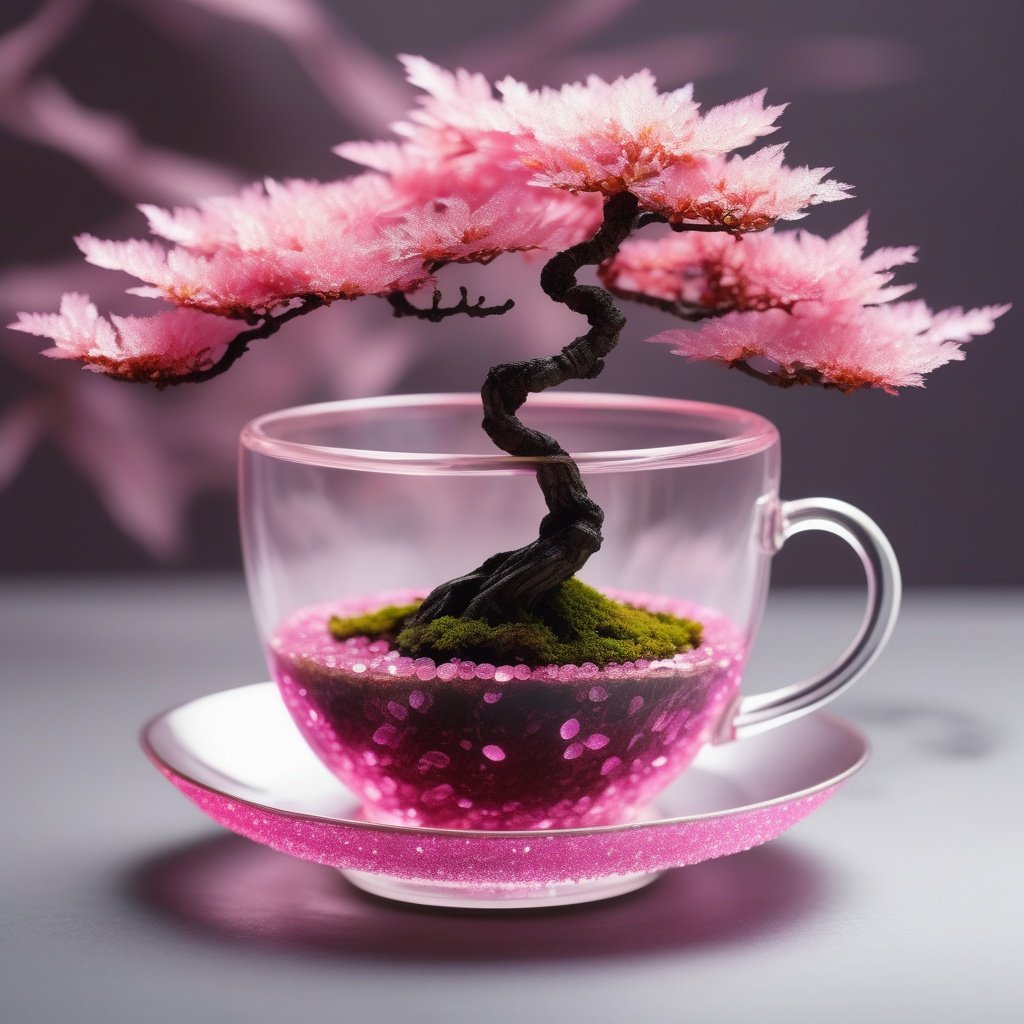 mini bonsai in a tea cup, pink leaf, sparkle, transparent tea cup, smoke around,