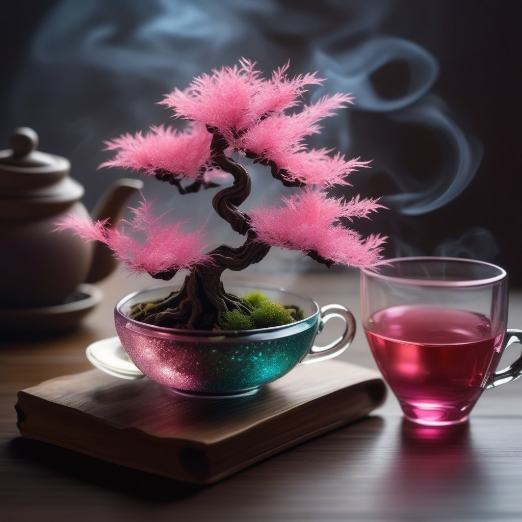 mini bonsai in a tea cup, pink leaf, sparkle, transparent tea cup, fishes in a cup, smoke around, 