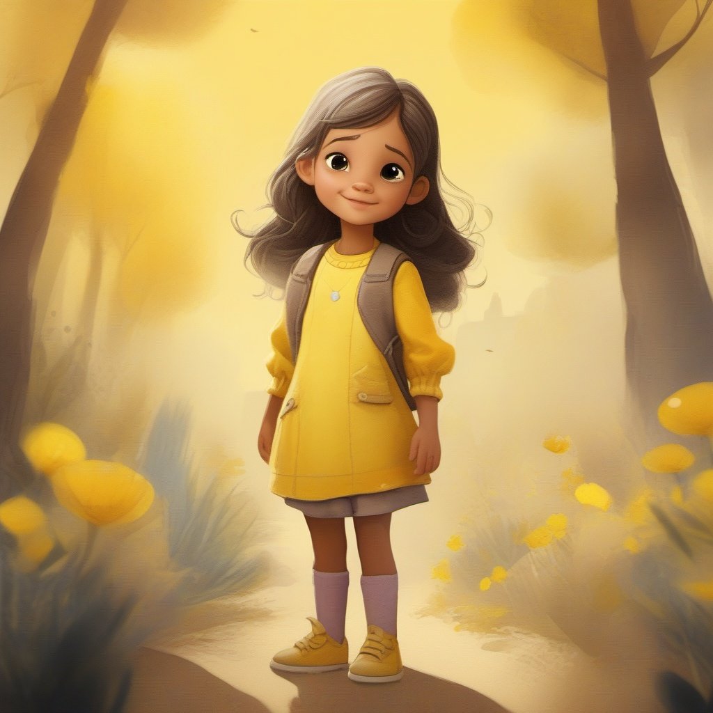 strybk, A beautiful little girl, 2d, yellow background, unreal engine , kids story book style, muted colors, watercolor style