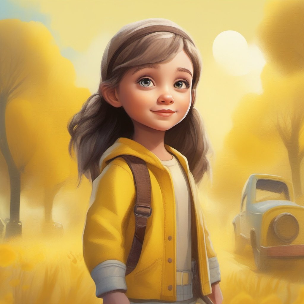 strybk, A beautiful little girl, 2d, yellow background, unreal engine , kids story book style, muted colors, watercolor style