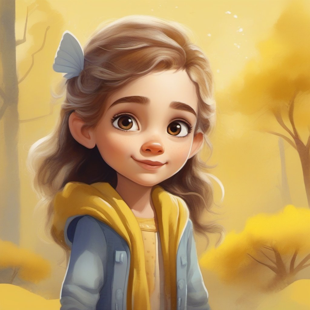 strybk, A beautiful little girl, 2d, yellow background, unreal engine , kids story book style, muted colors, watercolor style