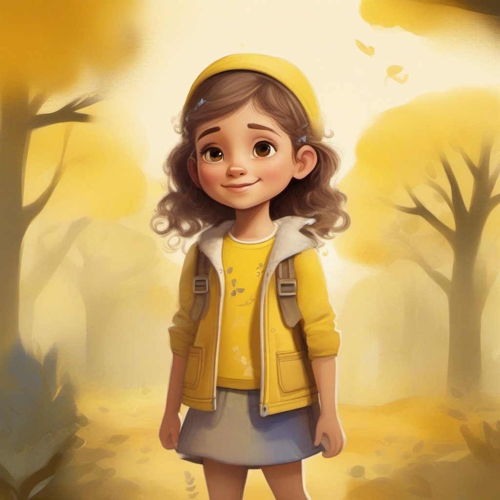 strybk, A beautiful little girl, 2d, yellow background, unreal engine , kids story book style, muted colors, watercolor style