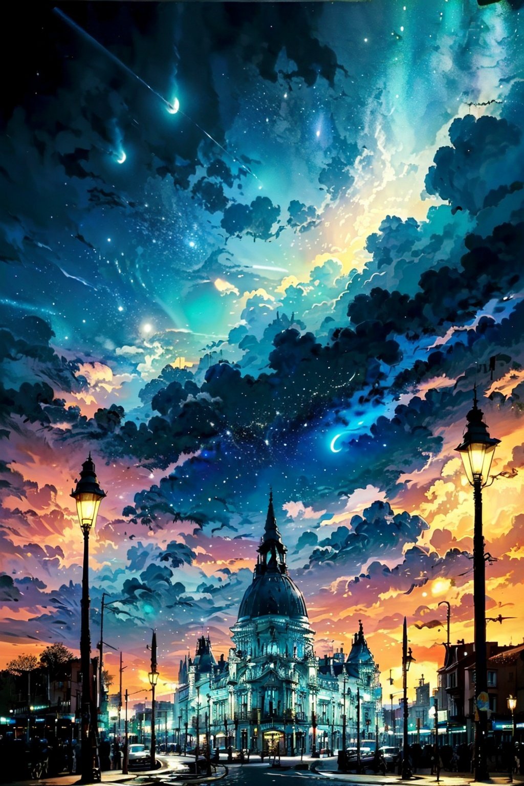 (masterpiece, best quality:1.5)<lora:EpicArt-000008:0.7>, EpicArt, outdoors, sky, cloud, tree, no_humans, night, cloudy_sky, building, star_(sky), night_sky, scenery, starry_sky, sunset, city, road, cityscape, lamppost, 