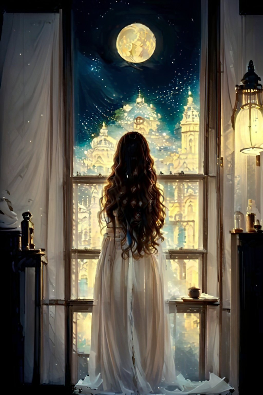 <lora:EpicArt-000008:0.8>, EpicArt, 1girl, solo, long_hair, brown_hair, dress, standing, sky, artist_name, indoors, from_behind, white_dress, window, night, moon, night_sky, scenery, lamp, 