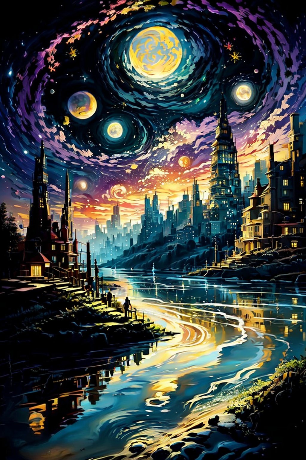 (masterpiece, best quality:1.5)<lora:EpicArt-000008:0.8>, EpicArt, outdoors, sky, cloud, water, no_humans, night, moon, building, star_(sky), night_sky, scenery, starry_sky, reflection, city, cityscape, crescent_moon, 