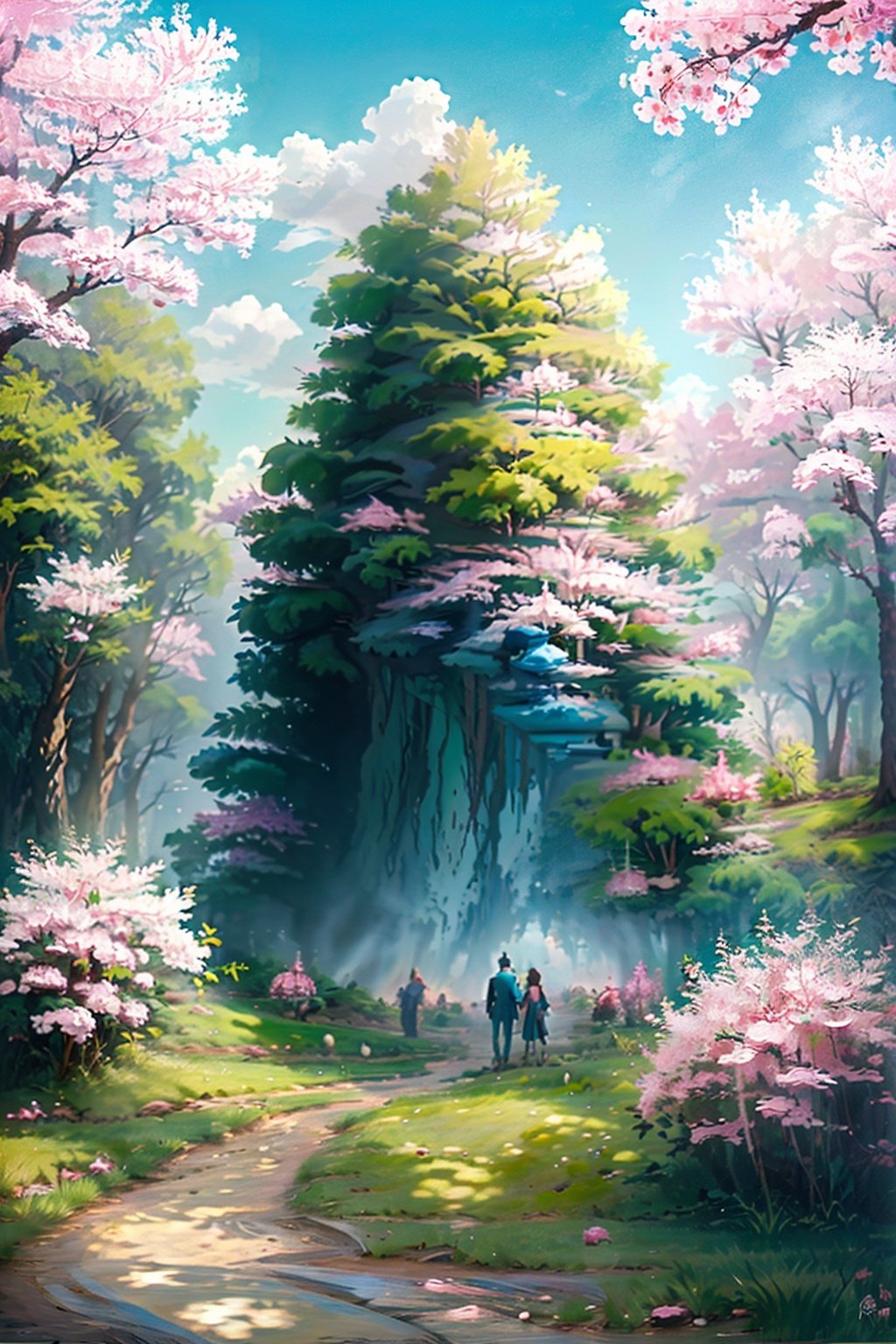 (masterpiece, best quality:1.5)<lora:EpicArt-000008:0.7>, EpicArt, standing, outdoors, sky, day, cloud, tree, blue_sky, pokemon_(creature), grass, cherry_blossoms, nature, 