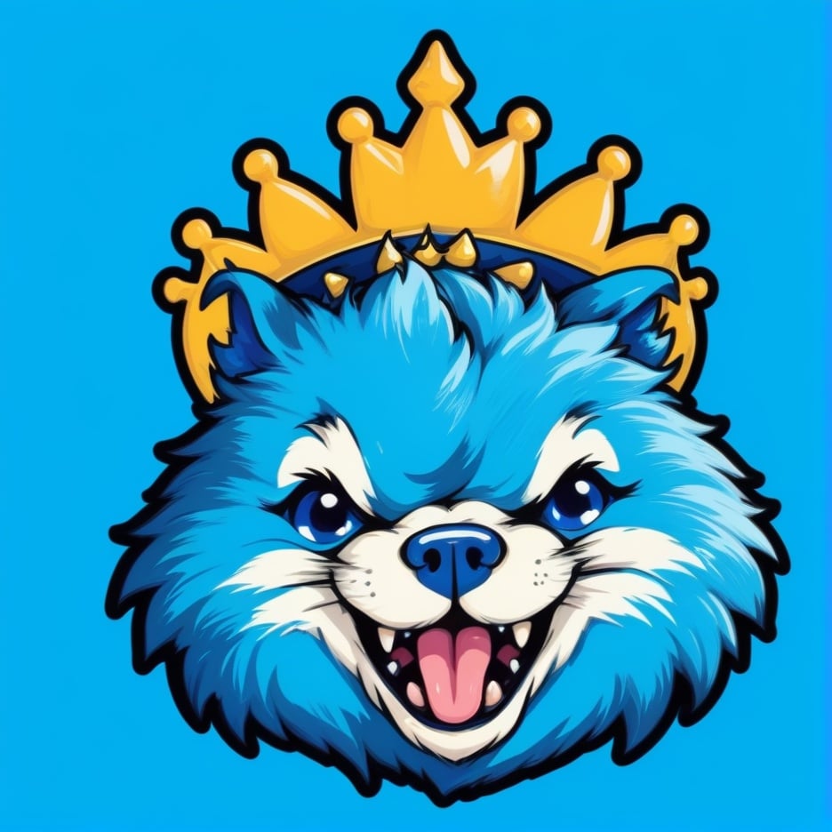 animal focus, blue background, crown, dog, fangs, mascot logo, no humans, open mouth, simple background, solo, teeth, tongue, tongue out<lora:sdxl_mascot:1>