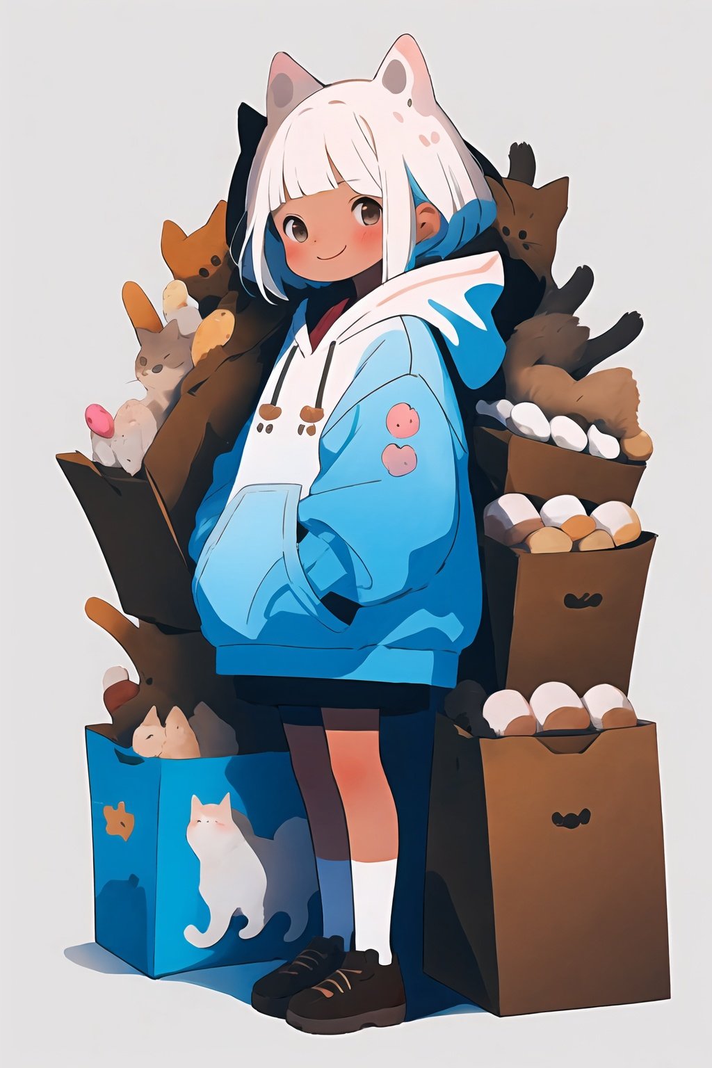 style of Enki Bilal, adorable, happy, a girl, white hair, puffy hoody, donuts, many cats, full body, pastel colors, simple white background, in donuts, Illustration, cover art, japan, blur, shiny,minimalistic,simplecats