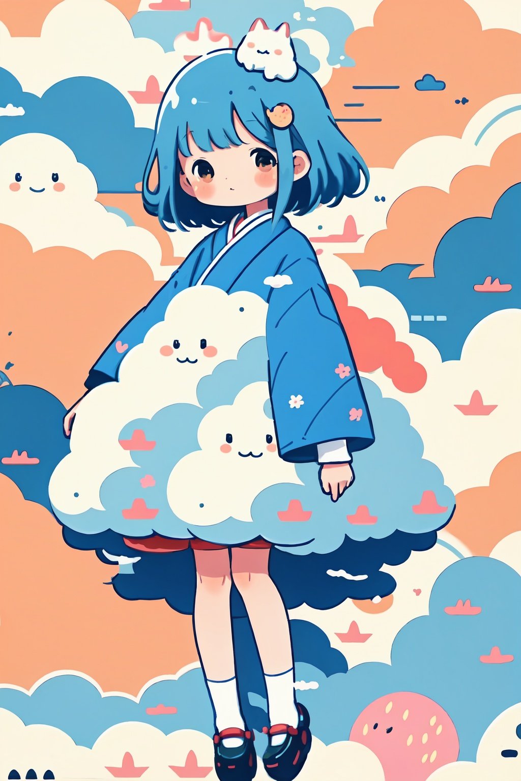 style of Chiho Aoshima, adorable, cute, a girl, royal blue hair, puffy dress, flying donuts, full body, warm colors, simple white background, in clouds, Illustration, cover art, japan, blur, shiny,minimalistic,simplecats
