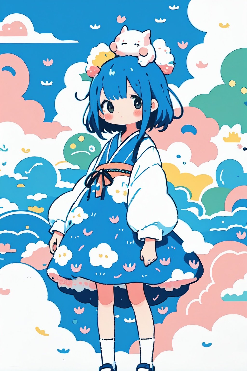 style of Chiho Aoshima, adorable, cute, a girl, royal blue hair, puffy dress, flying donuts, full body, warm colors, simple white background, in clouds, Illustration, cover art, japan, blur, shiny,minimalistic, eguchistyle,simplecats