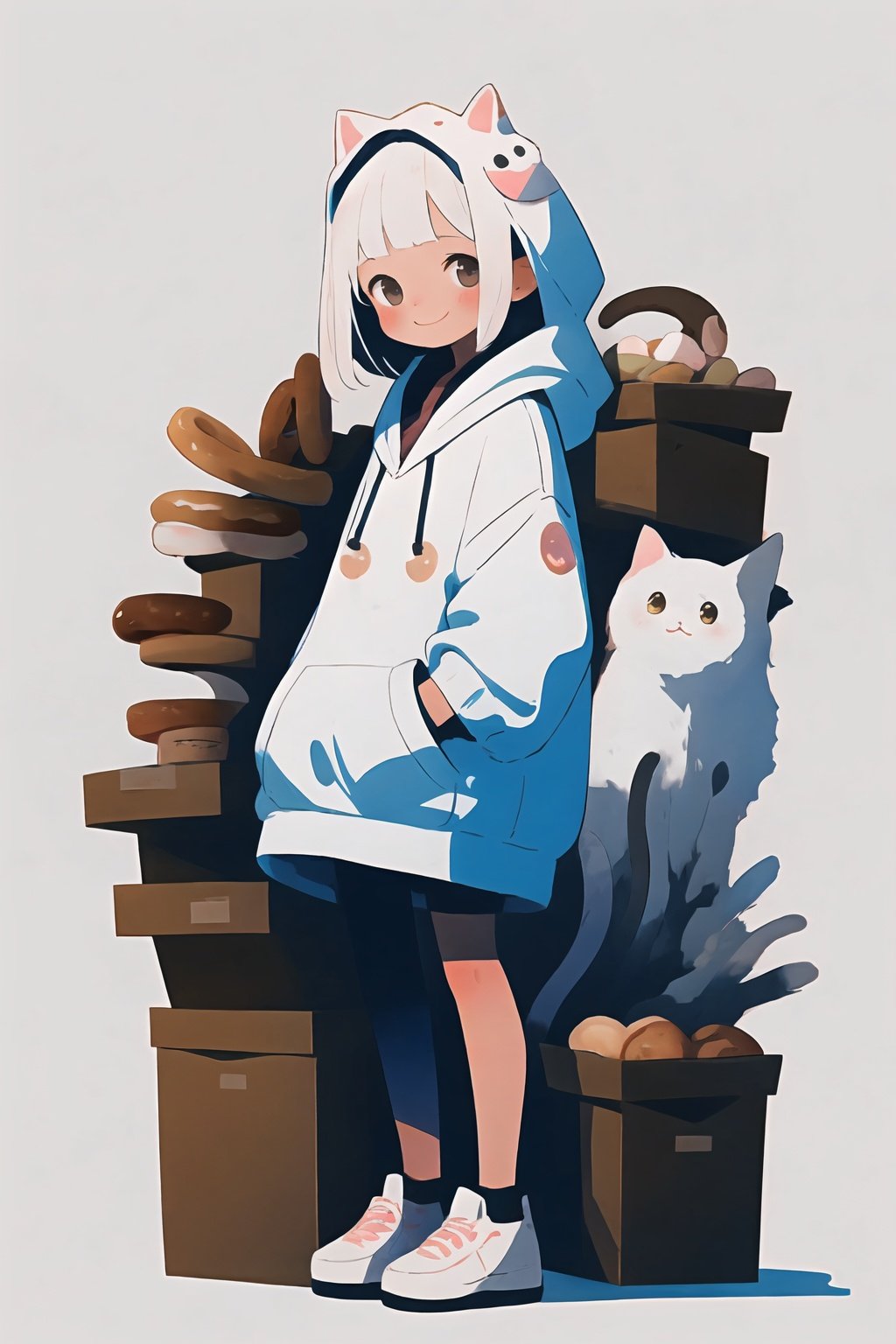 style of Enki Bilal, adorable, happy, a girl, white hair, puffy hoody, donuts, many cats, full body, pastel colors, simple white background, in donuts, Illustration, cover art, japan, blur, shiny,minimalistic,simplecats