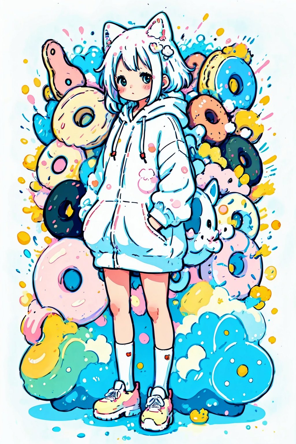 style of Chiho Aoshima, adorable, cute, a girl, white hair, puffy hoody, donuts, many cats, full body, pastel colors, simple white background, in donuts, Illustration, cover art, japan, blur, shiny,minimalistic,simplecats
