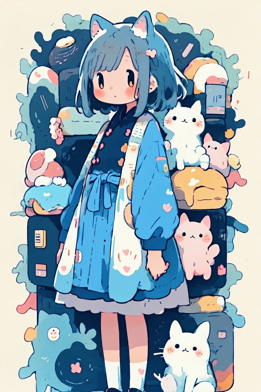 style of Chiho Aoshima, adorable, cute, a girl, royal blue hair, puffy dress, donuts, many cats, full body, pastel colors, simple white background, in donuts, Illustration, cover art, japan, blur, shiny,minimalistic,simplecats