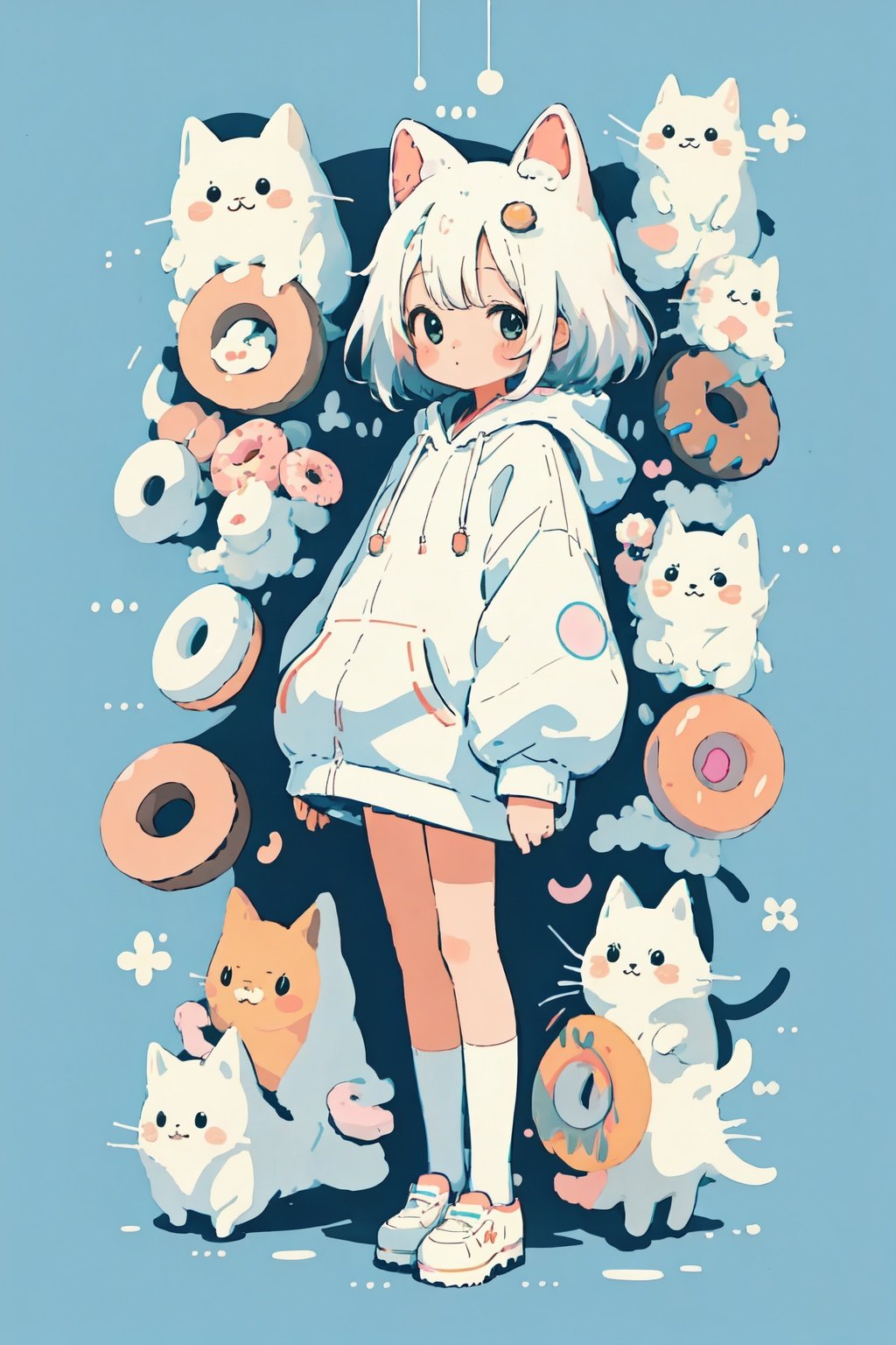 style of Chiho Aoshima, adorable, cute, a girl, white hair, puffy hoody, donuts, many cats, full body, pastel colors, simple white background, in donuts, Illustration, cover art, japan, blur, shiny,minimalistic,simplecats