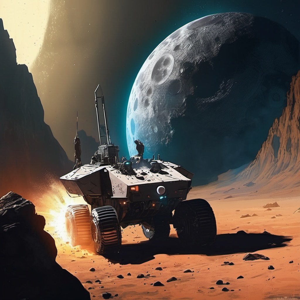 Moonlander, in the moon surface, send by India, doing experiments, monn landscape with dust and rocks , dark side of moon, cinematic, 4k, epic Steven Spielberg movie still, sharp focus, emitting diodes, smoke, artillery, sparks, racks, system unit, motherboard, by pascal blanche rutkowski repin artstation hyperrealism painting concept art of detailed character design matte painting, 4 k resolution blade runner