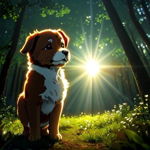 (best quality: 1.2), (masterpiece: 1.2), (realistic: 1.2),  closeup photo, a very cute jumping puppy in the forest, soft volumetric lights, (looking at the viewer: 1.3), (backlit:1.3), (cinematic:1.2), intricate details, masterpiece