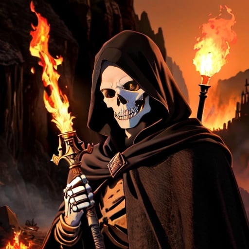 (best quality: 1.2), (masterpiece: 1.2), (realistic: 1.2), a portrait of a (skeleton: 1.3) holding a flaming spear, (old and ragged cape: 1.2), (dark cave in the background), detailed middle-earth setting, on eye level, mimicking ruined materials, extremely detailed, on eye level, scenic, masterpiece