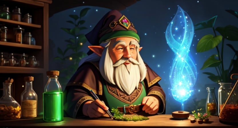 (best quality: 1.2), (masterpiece: 1.2), (realistic: 1.2), solo, !wise old gnome alchemist in his secret botanical laboratory crafting a magical glowing potion,light particle,20 megapixel, on eye level, scenic, masterpiece