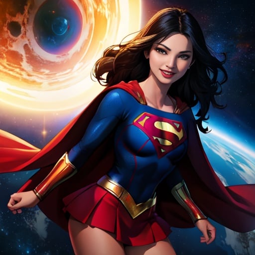 (best quality: 1.2), (masterpiece: 1.2), (realistic: 1.2), (inked: 1.3), best quality, beautiful woman as supergirl, she has (wavy black hair: 1.7), superhero, blue bodysuit, red short skirt, red cape, grin, in space, earth background, sharp focus, 8k, centered, medium shot, masterpiece