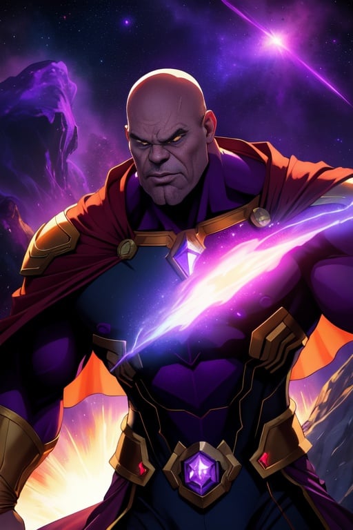 (best quality: 1.2), (masterpiece: 1.2), (realistic: 1.2), stunning angry Thanos, bald, purple cape, nebula space background, volumetric light, upper body, muscle, muscular, fantasy, dynamic angle, dynamic pose, masterpiece