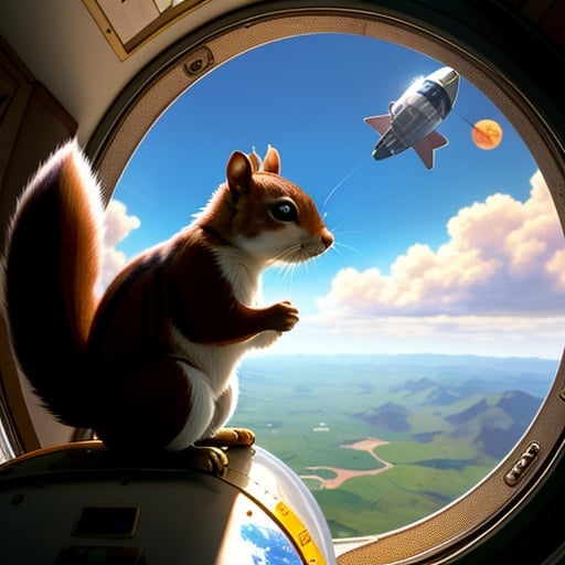 (best quality: 1.2), (masterpiece: 1.2), (realistic: 1.2), whimsical scene featuring a squirrel astronaut floating in space, with Earth in the background, on eye level, scenic, masterpiece
