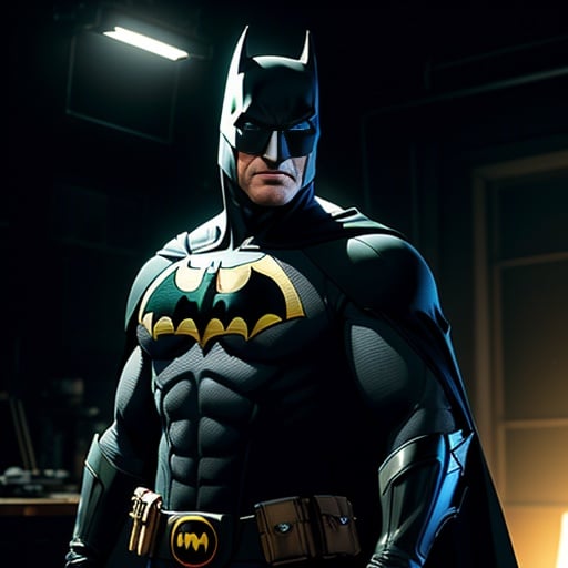 (best quality: 1.2), (masterpiece: 1.2), (realistic: 1.2), (batman) posing in a dark studio, (rim lighting,:1.4) two tone lighting, octane, unreal, dimly lit, (low key:1.3), masterpiece