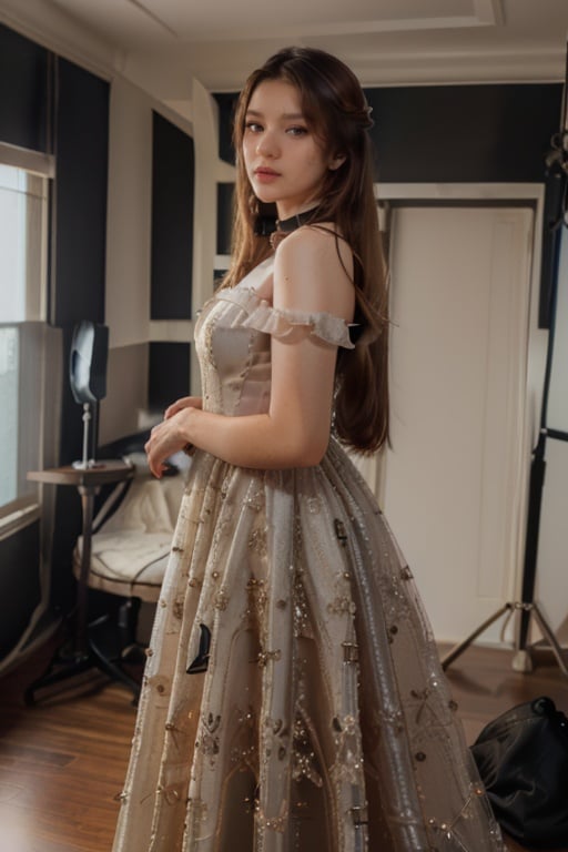 (photorealistic,ultra realistic 8k CG:1.2),perfect artwork,delicate pattern,masterpiece,raw photo (best quality,intricate detail,extremely intricate:1.2),Strong lighting, light and shadow texture (ulzzang6500V),(idol),choker,earrings,Exquisite Makeup,pose<lora:BetterStandingSlit:0.8>BFP <lora:011:1>,woman, girly ,bright eyes,small breasts (long hair,straight on,medium shot,cowboy shot,long view,pov legs:1.2) <lora:ballgown:0.8>(ballgown,wearing a ballgown:1.3),   <lora:ti4r4-03:1:1>