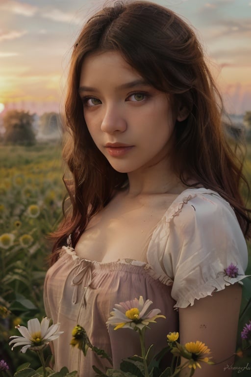 ((best quality)), ((masterpiece)), ((realistic)), (detailed), portrait, With each new sunrise, Hope blooms like a wildflower, Dreams take flight and rise, purple hair, green eyes, stunning gradient colors, no watermark signature, detailed background, insanely detailed, ((masterpiece)), absurdres, HDR,   <lora:ti4r4-03:1:1>