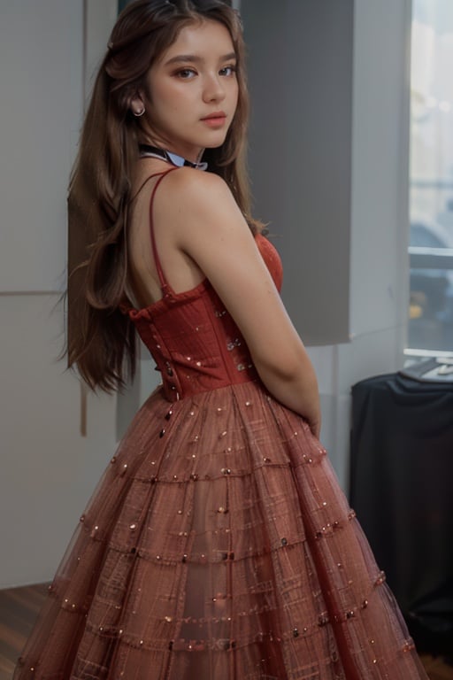 (photorealistic,ultra realistic 8k CG:1.2),perfect artwork,delicate pattern,masterpiece,raw photo (best quality,intricate detail,extremely intricate:1.2),Strong lighting, light and shadow texture (ulzzang6500V),(idol),choker,earrings,Exquisite Makeup,pose<lora:BetterStandingSlit:0.8>BFP <lora:011:1>,woman, girly ,bright eyes,small breasts (long hair,straight on,medium shot,cowboy shot,long view,pov legs:1.2) <lora:ballgown:0.8>(ballgown,wearing a ballgown:1.3),   <lora:ti4r4-03:1:1>