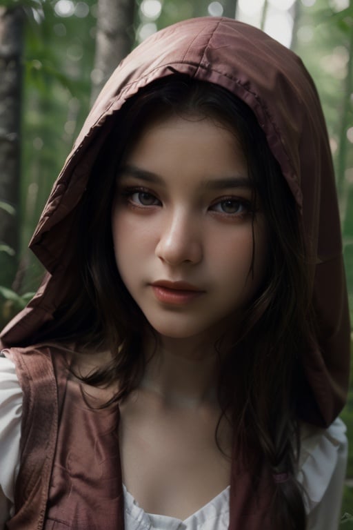 (little red riding hood), walking through the forest, beautiful detailed eyes, (eyelashes:1. 1), ((8k, RAW photo, highest quality, masterpiece), High detail RAW color photo professional close-up photo, (realistic, photo realism:1. 4), (highest quality), (best shadow), (best illustration), ultra high resolution, highly detailed CG unified 8K wallpapers, physics-based rendering, cinematic lighting),   <lora:ti4r4-03:1:0.8>