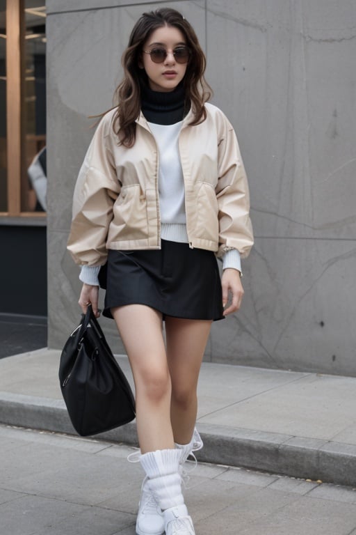 The woman in the photo is standing against a beige background, a Tumblr personality. Her outfit consists of a reflective puffer jacket and a poncho, both of which are in a stylish off-white color scheme. This ensemble could be a reference to an internet meme or trend, and it is currently trending on the design and architecture website Dezeen. The photo appears to be from a catalog, showcasing the latest in fashion trends for 2024. The accessories on display include a mac, a pair of 8. 0 LV sunglasses, and a folded piece by Mike and Wojtek Fus. Overall, this outfit embodies the cutting-edge fashion of the year and is sure to turn heads,   <lora:ti4r4-03:1:0.9>