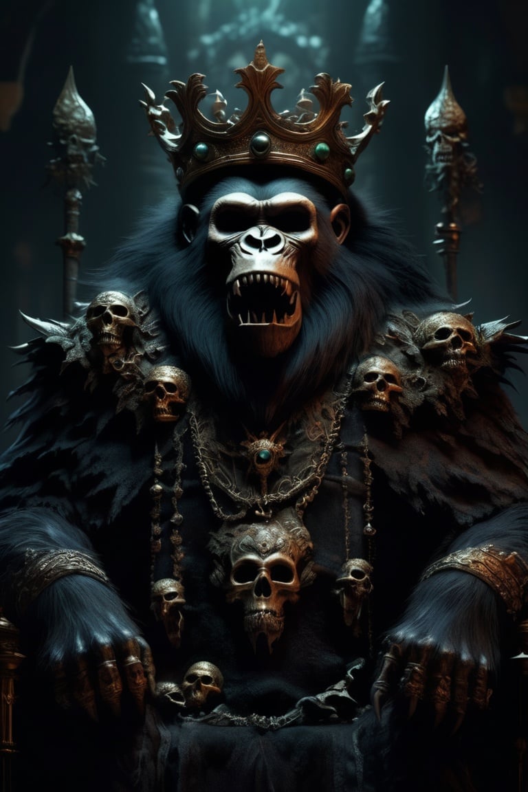 a color photo of a sinister ape with a crown surrounded by skulls, scorn game, dark fantasy concept art, dark fantasy artwork, dark soul concept, dark soul concept art, dark fantasy horror art, dark concept art, dark fantasy style art, highly detailed dark art, dark fantasy character design, in style of dark fantasy art, dark but detailed digital art, photorealistic dark concept art, in style of dark fantasy art, lich vecna (d&d), dark fantasy art, detailed 4k horror artwork, stefan koidl inspired, ((stefan koidl)),col,MetalAI