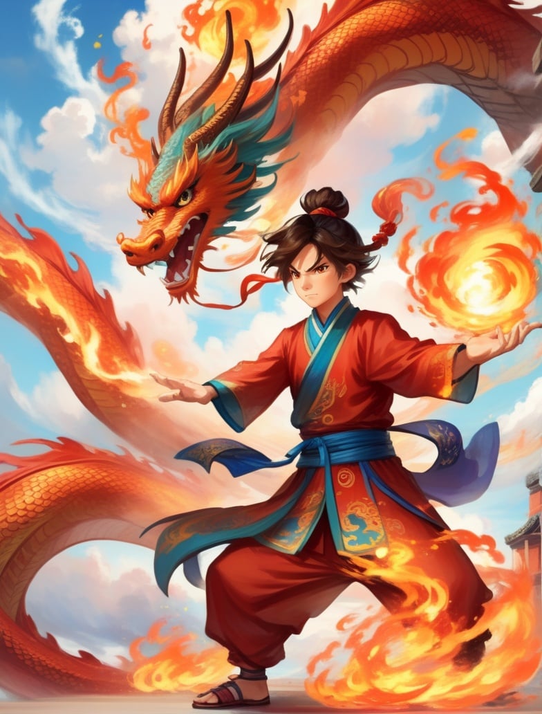 1boy, casting spell, cloud, dragon, eastern dragon, fire, male focus <lora:sdxl_casting_spell-000003:0.65>