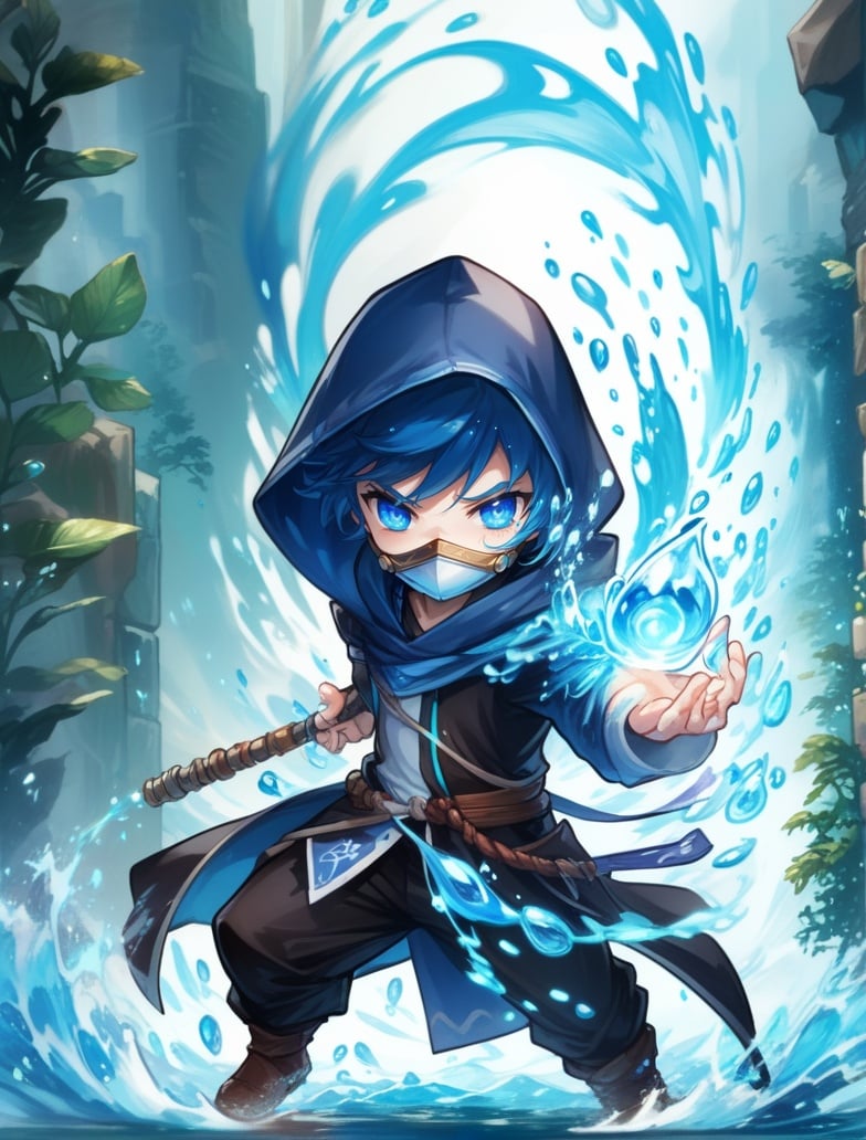 1boy, blue eyes, casting spell, chibi, hood, male focus, mask, solo, staff, water, weapon <lora:sdxl_casting_spell-000003:0.65>