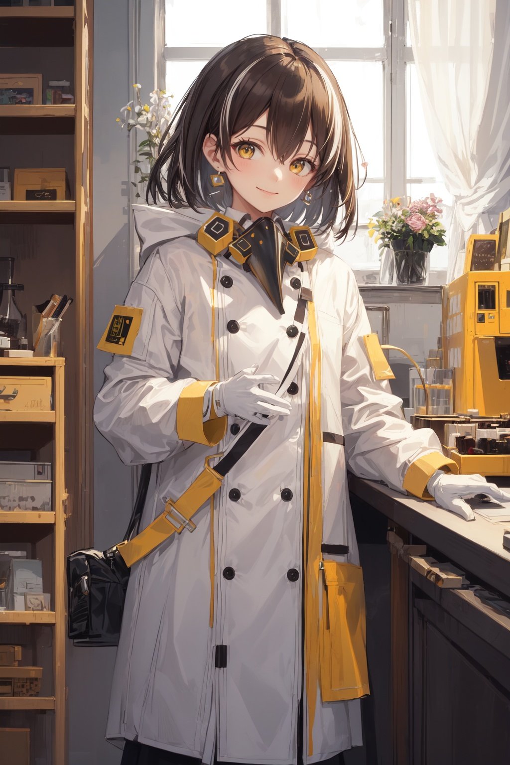 magallan,1girl,masterpiece, best quality,mask around neck,white coat,white gloves,looking at viewer, smile,yellow eyes,indoors, lab,closed mouth,