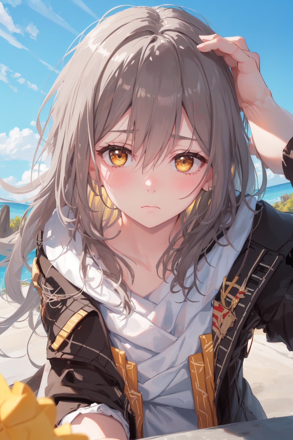 1girl,masterpiece, best quality,blue sky,yellow eyes,frown,facing viewer,looking at viewer,ducking forward,shy,blush,pov,close up,
pinch the cheeks