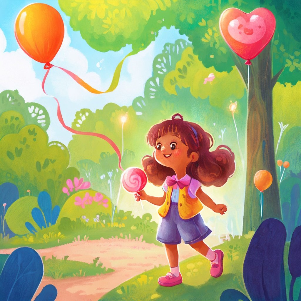 a cute girl in a park,holding lollipop and balloon,she is happy