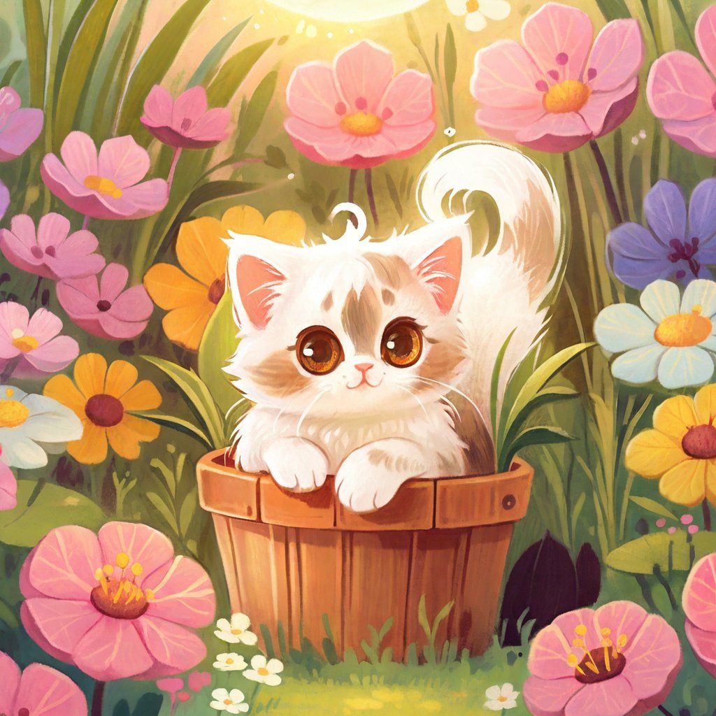Cute tiny little kitty, puffy adorable white fur, adorable cute shiny big brown eyes, Ultra HD, realistic, best quality, in a mini container, in a flower field