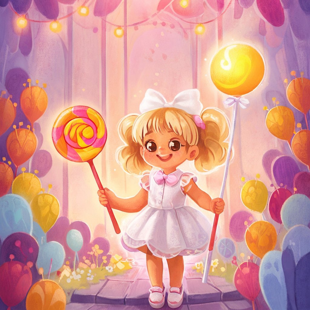 portrait of a cute girl wearing in white dress,she is happy and smiling,she had blond twintails,yellow eyes,she is holding a lollipop,