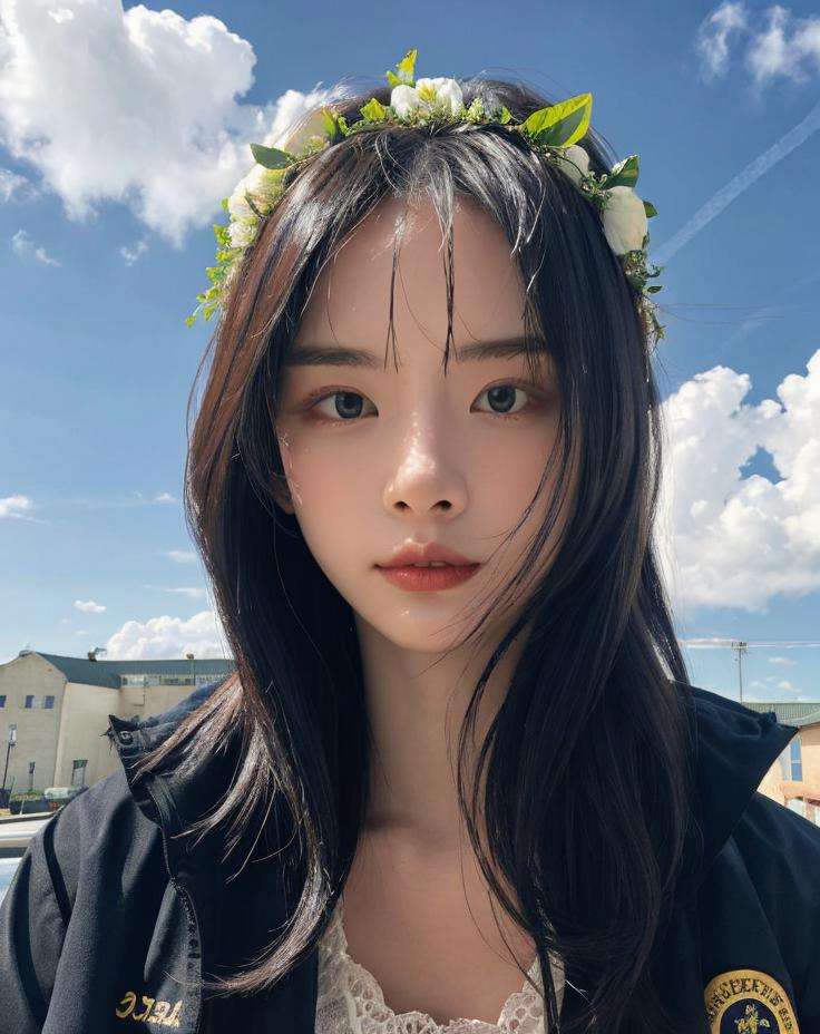 1girl, a young woman, upper body, (looking at viewer:1.3), (schoolgirl jacket), (flower crown), (beautiful city, beautiful sky background), natural skin color, (closed mouth:1.2), (medium breast), floating hair, beautiful expression, face detailed, eyes detailed, iris detailed, masterpiece, best quality, photorealistic, hyper realistic, ultra detailed, perfect lighting, depth of field, shadows, highres, <lora:wjsnseola:1>