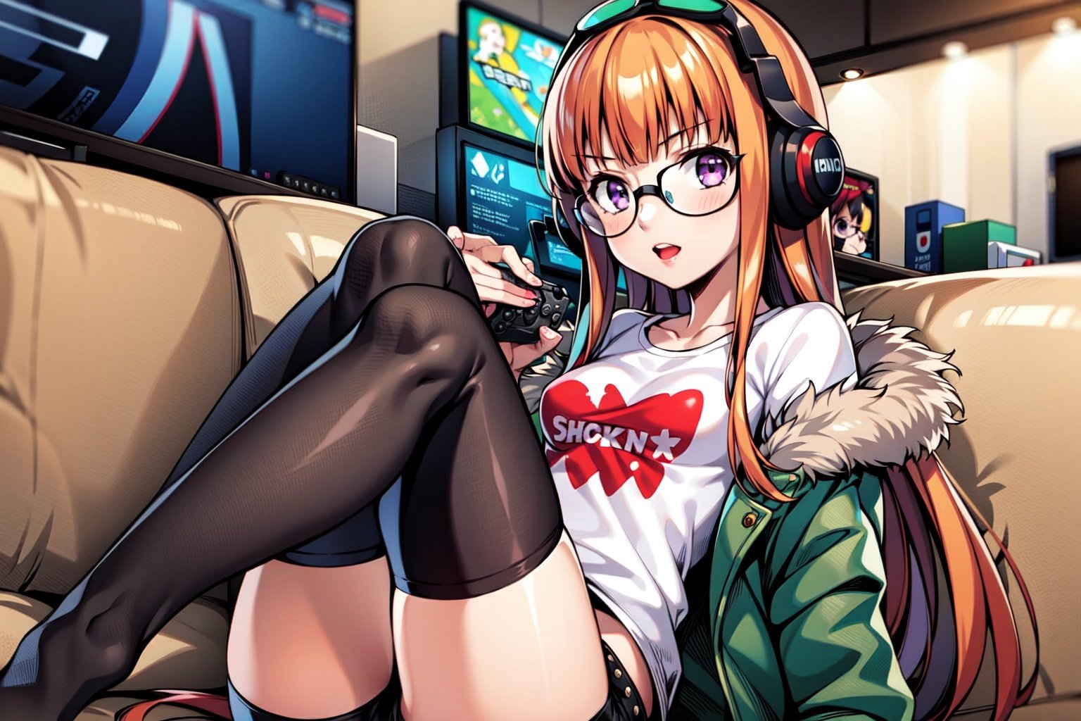 1girl, solo, long hair, looking at viewer, close mouth, t-shirt, purple eyes, small breasts, jacket, white shirt, glasses, belt, black thighhighs, orange hair, fur trim, short shorts, headphones, black shorts, goggles, green jacket, fur-trimmed jacket, behind-the-head headphones, ( playing videogames:1.2), indoor room, <lora:EMS-30039-EMS:0.7>, <lora:EMS-179-EMS:0.2>