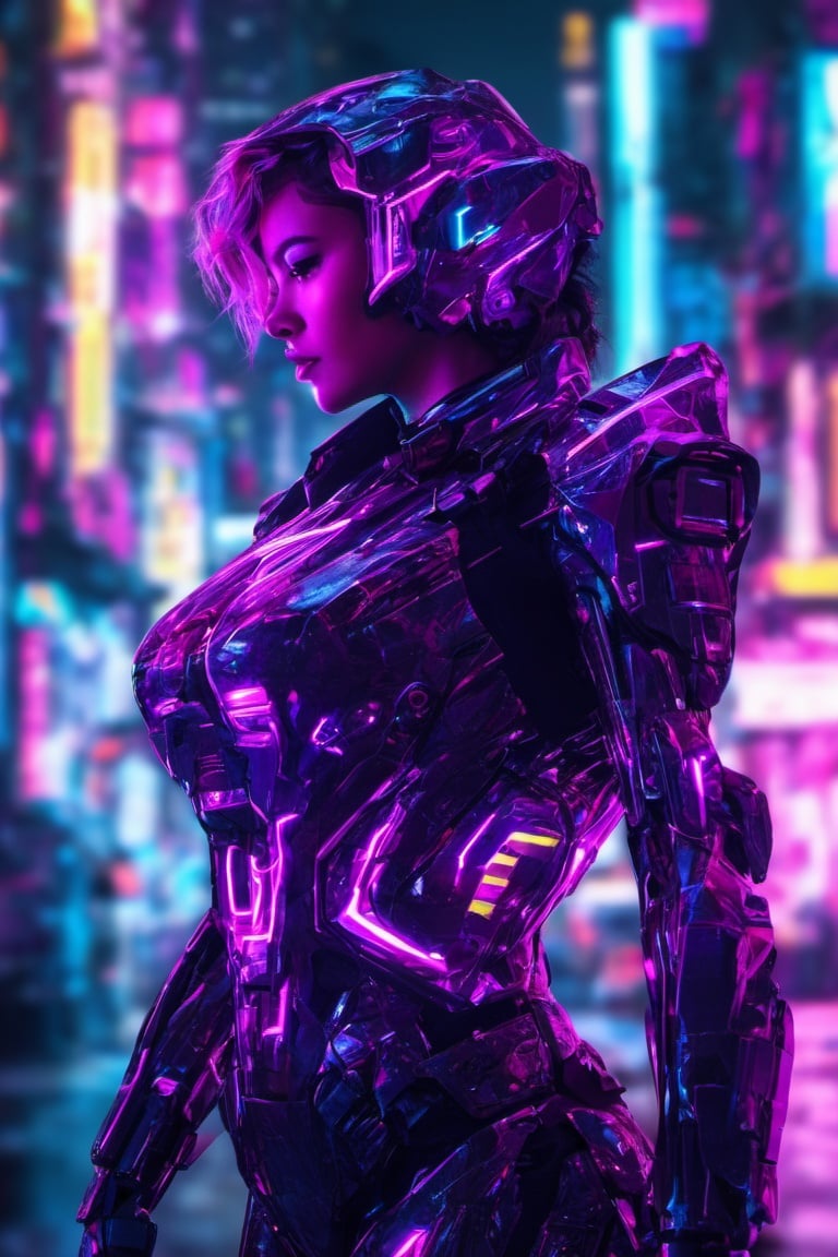 neon,ddia6-mecha, solo, looking at viewer, standing, medium breasts, science fiction . cyberpunk, vaporwave, neon, vibes, vibrant, stunningly beautiful, crisp, detailed, sleek, ultramodern, magenta highlights, dark purple shadows, high contrast, cinematic, ultra detailed, intricate, professional